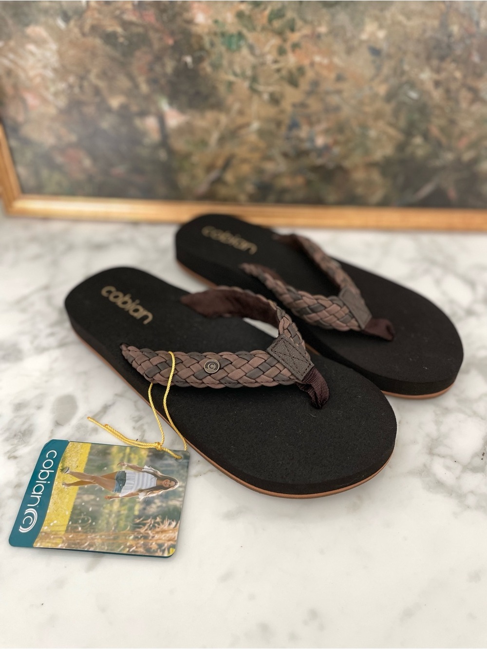 Cobian Leather Braided Bounce Chocolate Flip Flop size 7 Sandals Brown - Picture 2 of 7